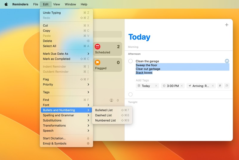 在 macOS Ventura 中，提醒事项现在提供文本和列表的格式设置