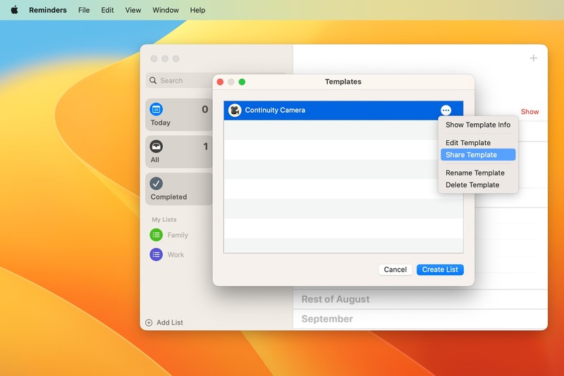 在 macOS Ventura 中，在提醒事项中制作的模板可以是与他人分享。