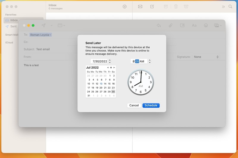 在 macOS Ventura 的邮件中，您可以设置您希望实际发送电子邮件的具体时间。