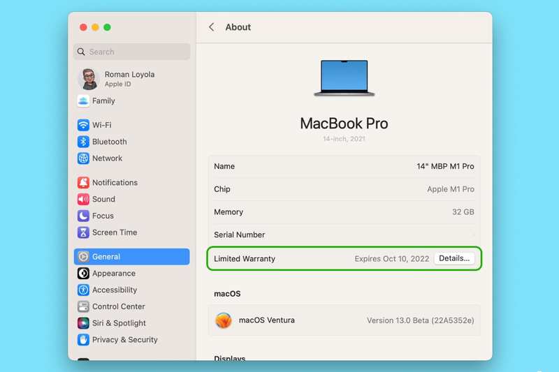 有关 Mac 保修的信息可在 macOS Ventura 的常规系统设置中找到。