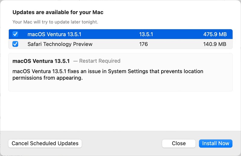 macOS Ventura 13.5.1 更新